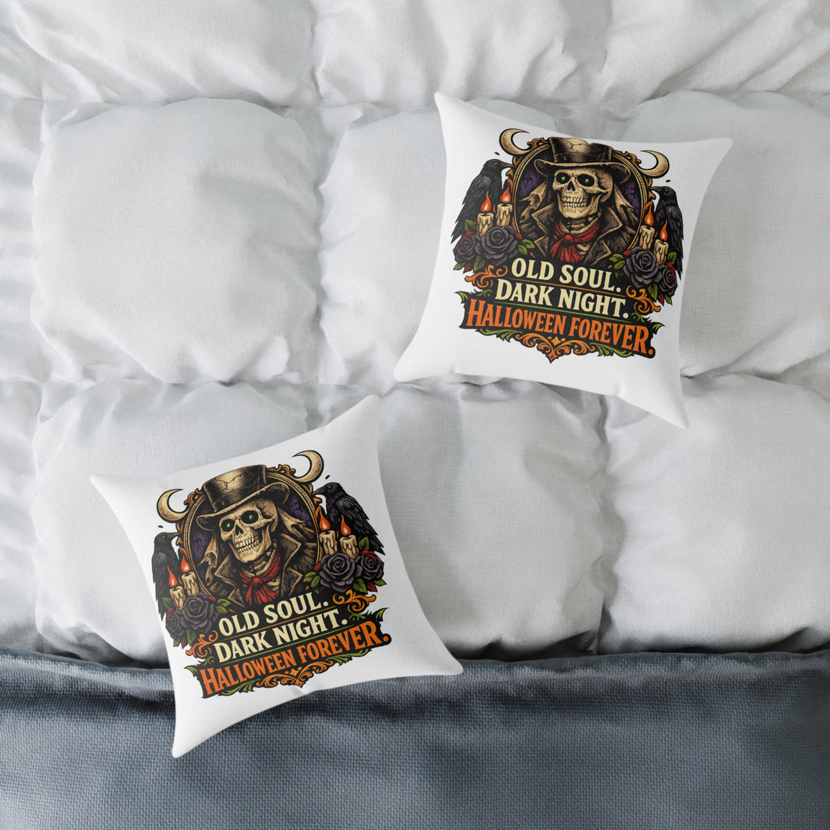 Halloween Skeleton Pillow - "Old Soul, Dark Night. Halloween Forever" Square Decorative Cushion