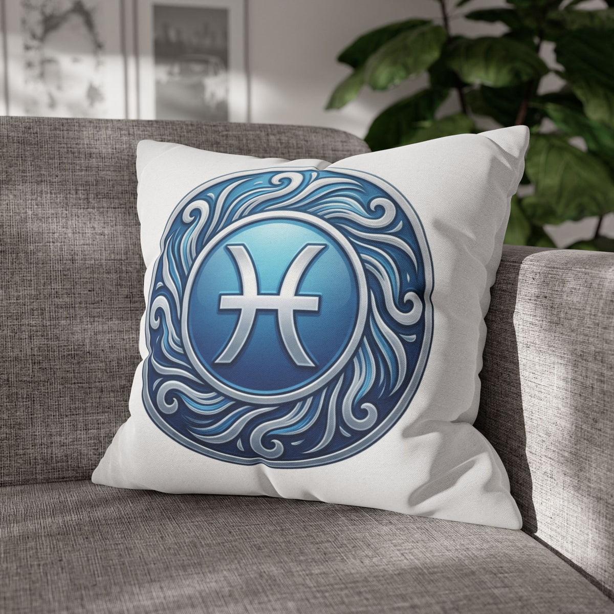 Pisces Zodiac Pillow Cover — Blue Astrological Symbol Decorative Throw Pillowcase