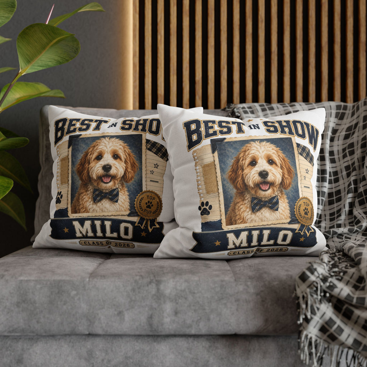 Best in Show Personalized Dog Pillowcase — 'Milo' Pet Portrait Throw Pillowcase Milo Bailey Dog Dad Mom
