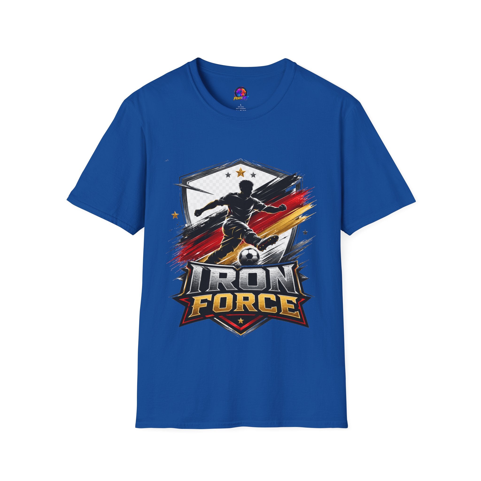 Germany Soccer 'Iron Force' Graphic T-Shirt — Player Silhouette with Red & Gold Brushstroke Emblem