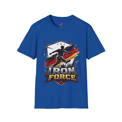 Germany Soccer 'Iron Force' Graphic T-Shirt — Player Silhouette with Red & Gold Brushstroke Emblem