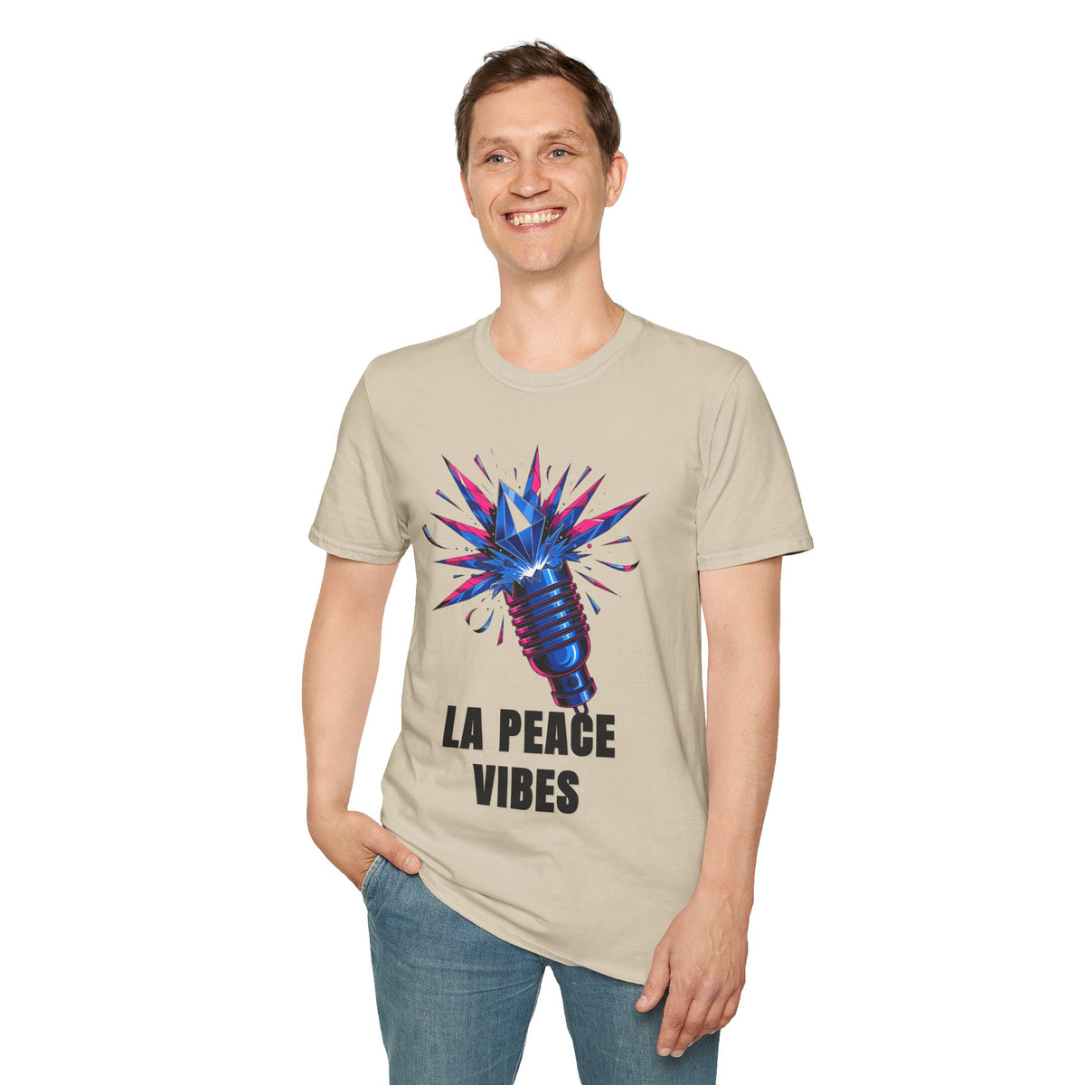 La Peace Vibes Microphone T-Shirt - Retro Pop Art Graphic Tee - Trending Now - September 2026