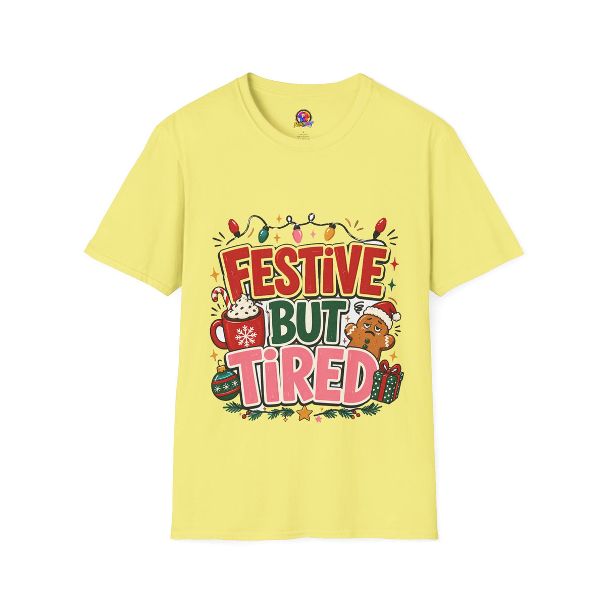 Festive But Tired T-Shirt — Holiday Christmas Crew Tee with Lights & Gingerbread