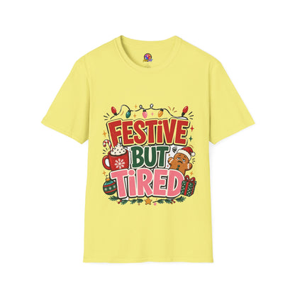 Festive But Tired T-Shirt — Holiday Christmas Crew Tee with Lights & Gingerbread