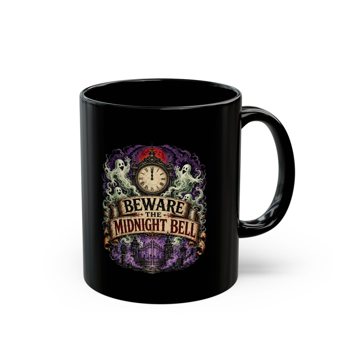 Halloween Beware the Midnight Bell Black Mug – Spooky Ghost Clock Halloween Coffee Cup