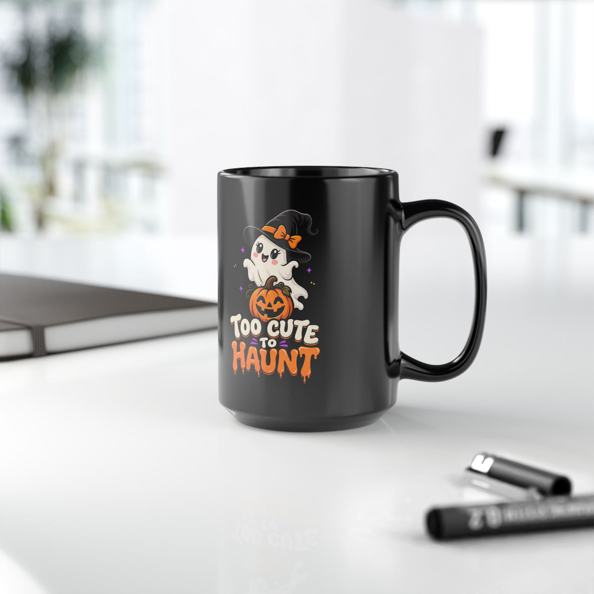 Too Cute to Haunt Halloween Mug — Black Ghost & Pumpkin Coffee Cup (11oz/15oz)