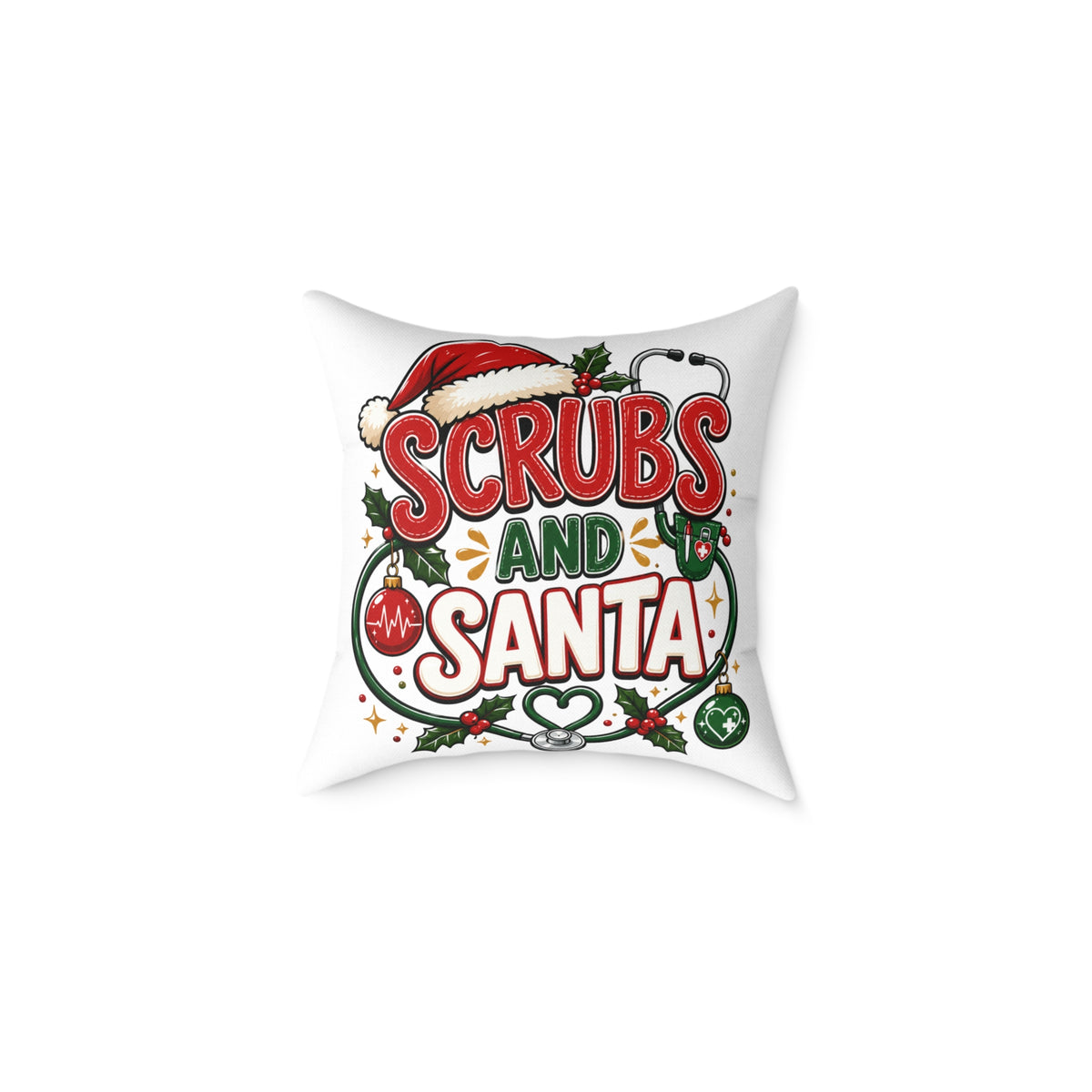 Christmas Square Pillow — Scrubs and Santa Christmas Cushion for Nurses