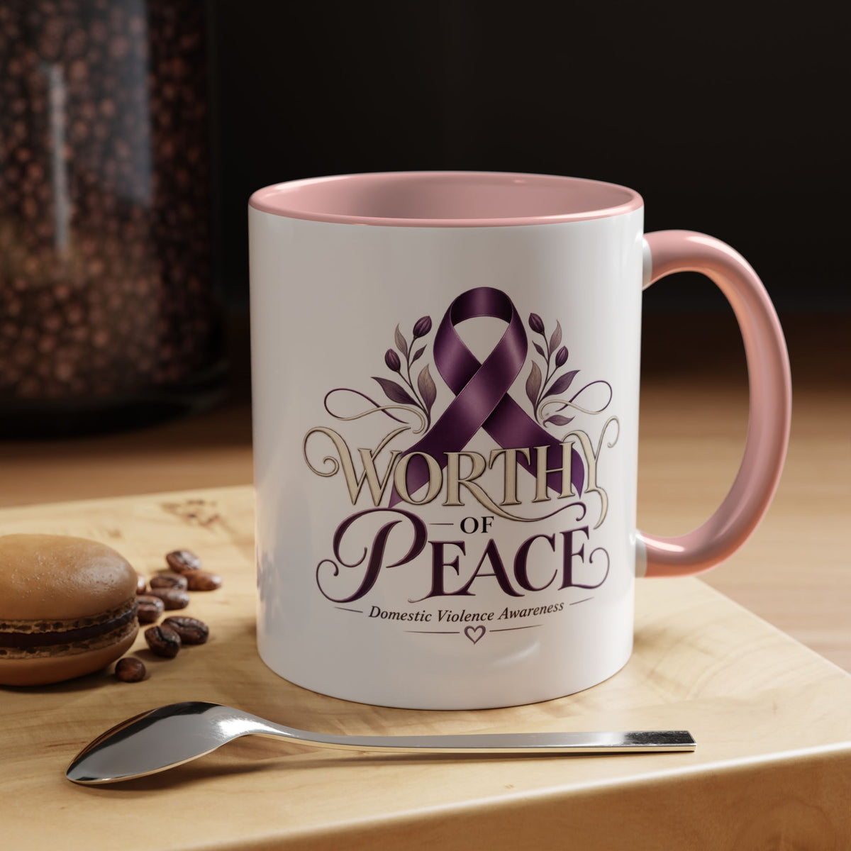 Worth of Peace Accent Coffee Mug — Domestic Violence Awareness Ribbon (11/15oz)