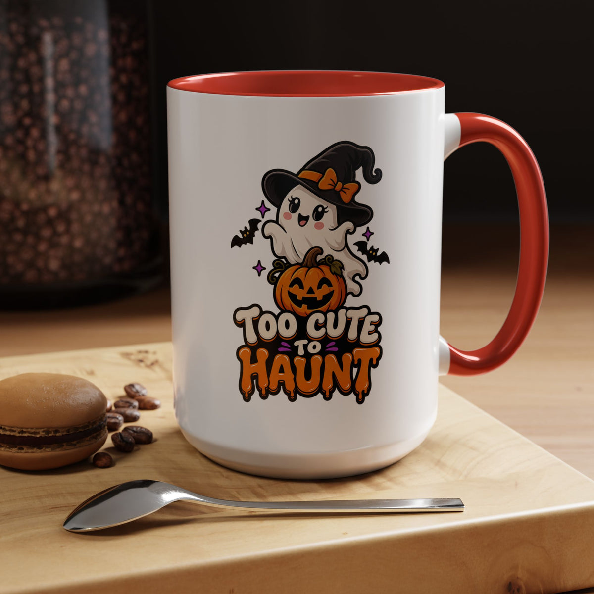 Halloween Coffee Mug - 'Too Cute to Haunt' Ghost Pumpkin Accent Mug