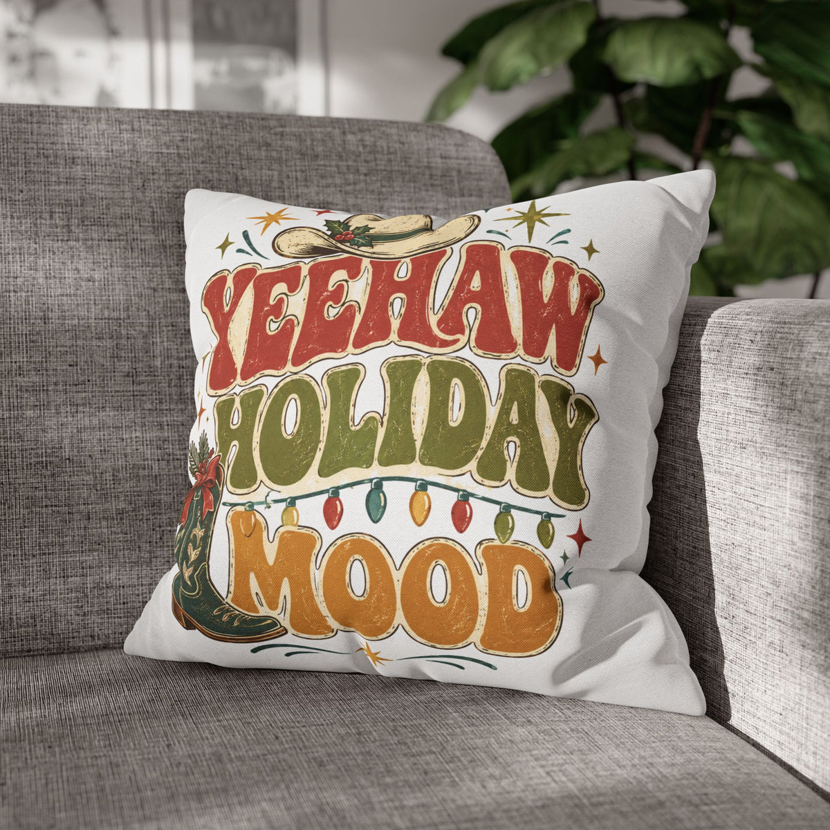 Christmas Yeehaw Holiday Mood Pillowcase — Western Christmas Decorative Throw Pillow Cover