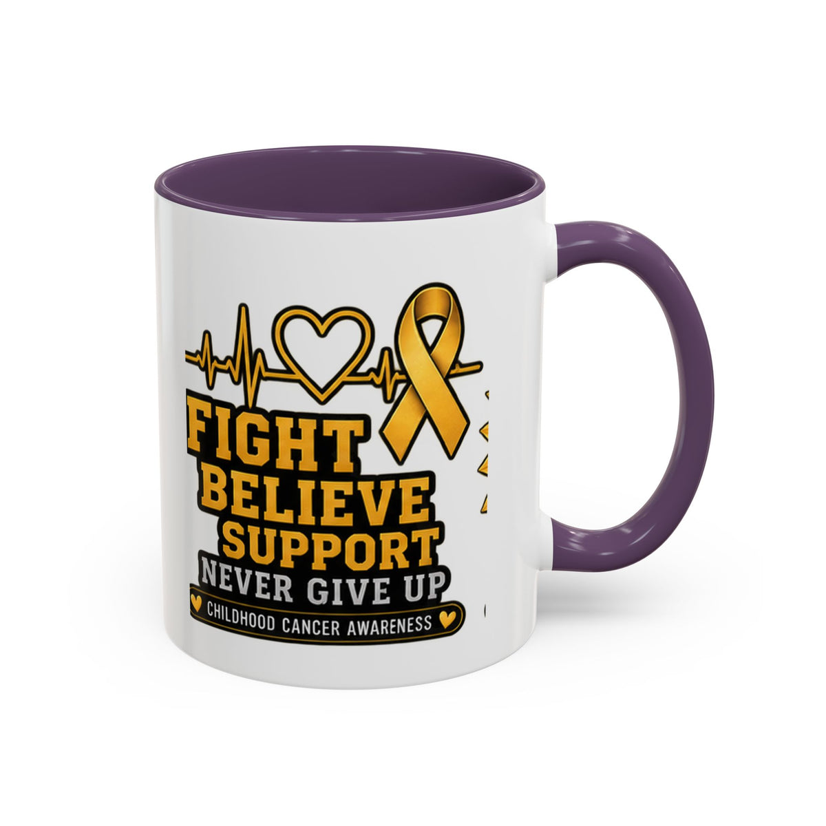 Childhood Cancer Awareness Accent Coffee Mug — "Fight Believe Support" 11/15oz