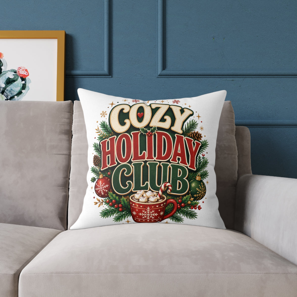 Christmas Cozy Holiday Club Throw Pillow – Festive Christmas Cocoa Decorative Cushion