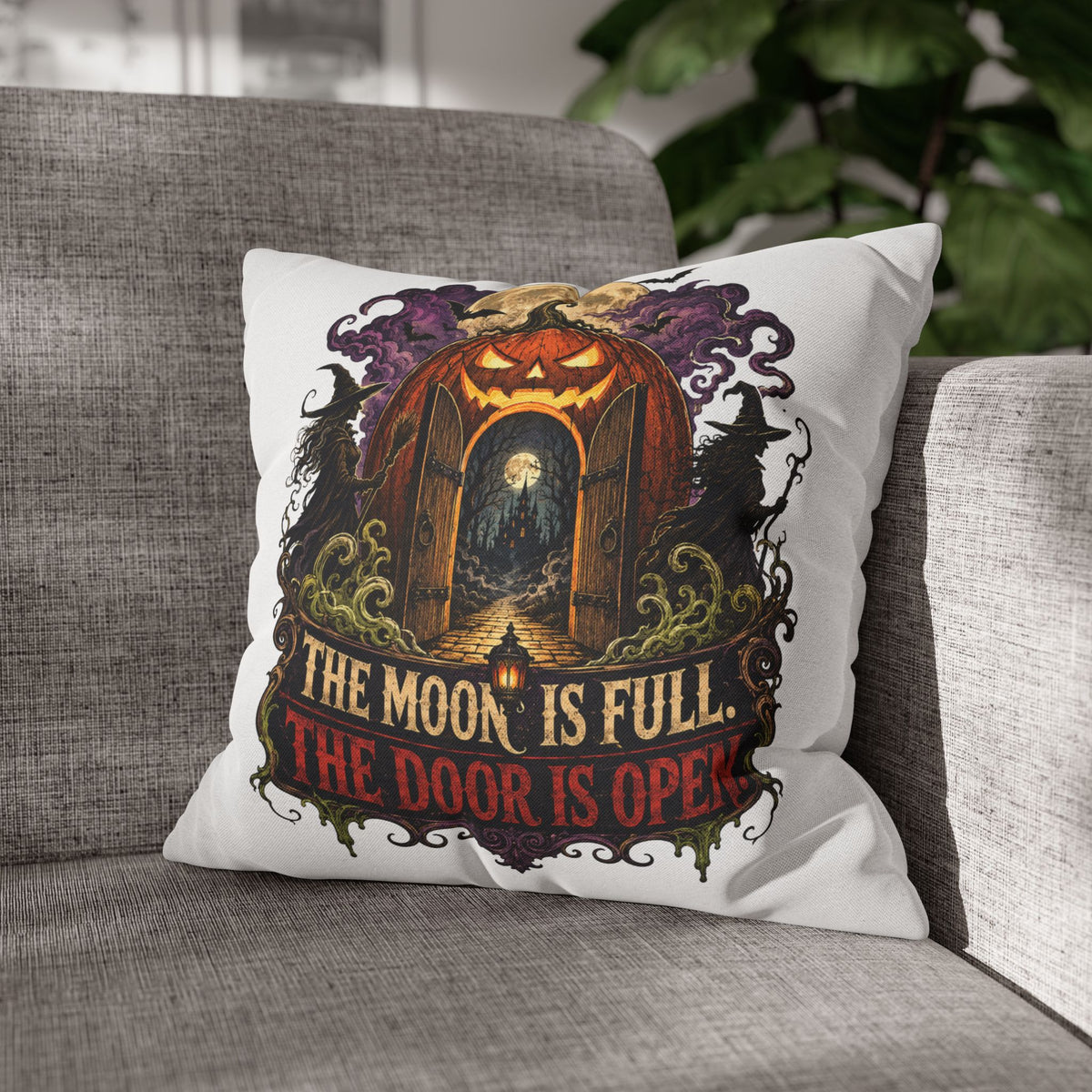 Halloween Pumpkin Door Pillowcase - "The Moon Is Full, The Door Is Open" Spun Polyester Throw Pillow