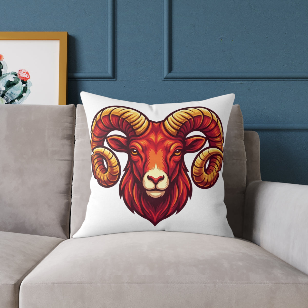 Aries Zodiac Ram Head Throw Pillow — Bold Zodiac Aries Accent Cushion
