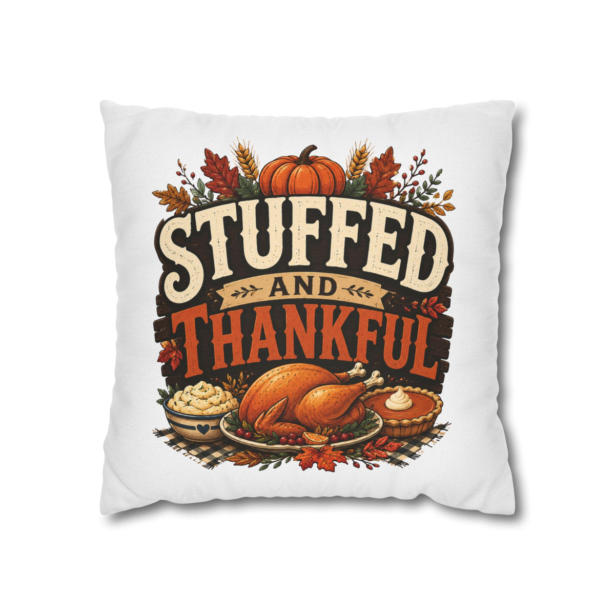 Thanksgiving Decorative Pillowcase – “Stuffed and Thankful” Autumn Throw Pillowcase