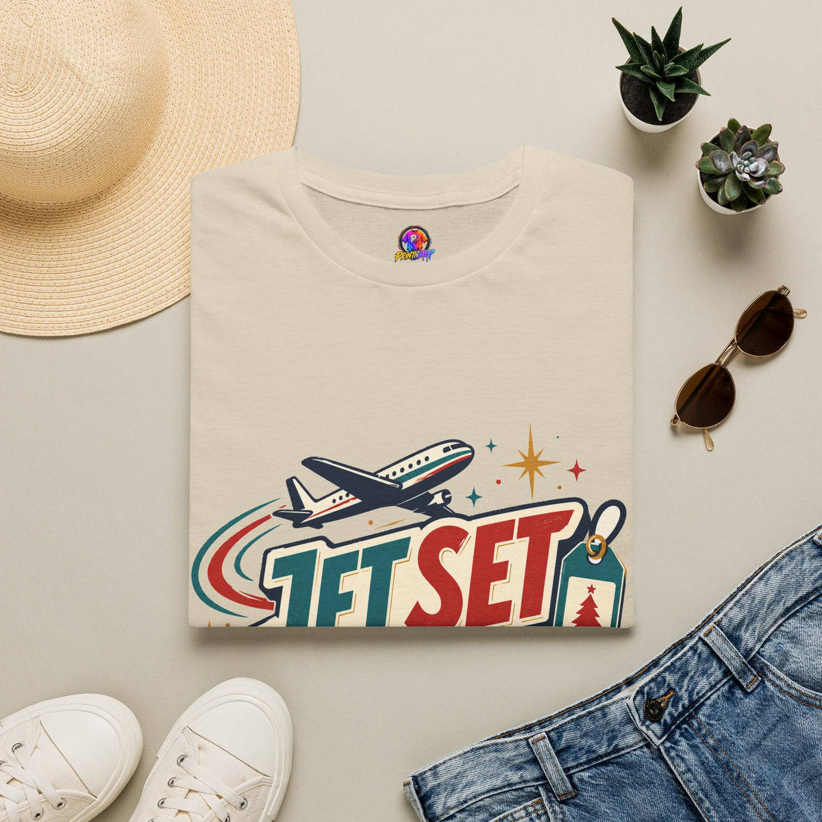 Jet Set Jingle Travel T-Shirt — Retro Airplane Vacation Graphic