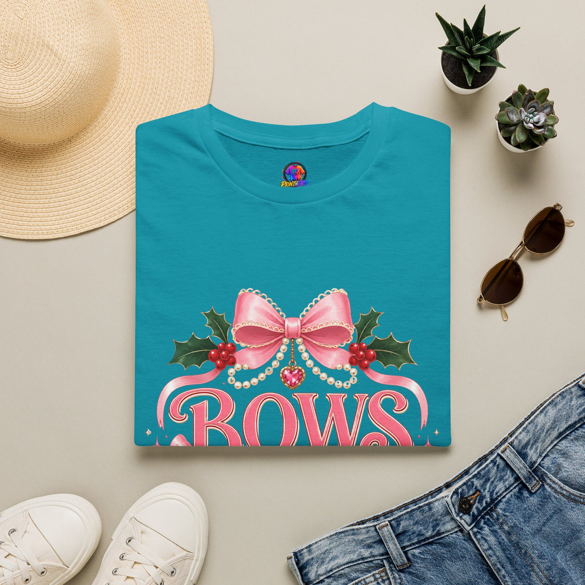Bows and Mistletoe T-Shirt — Pink Holiday Bow Christmas Tee