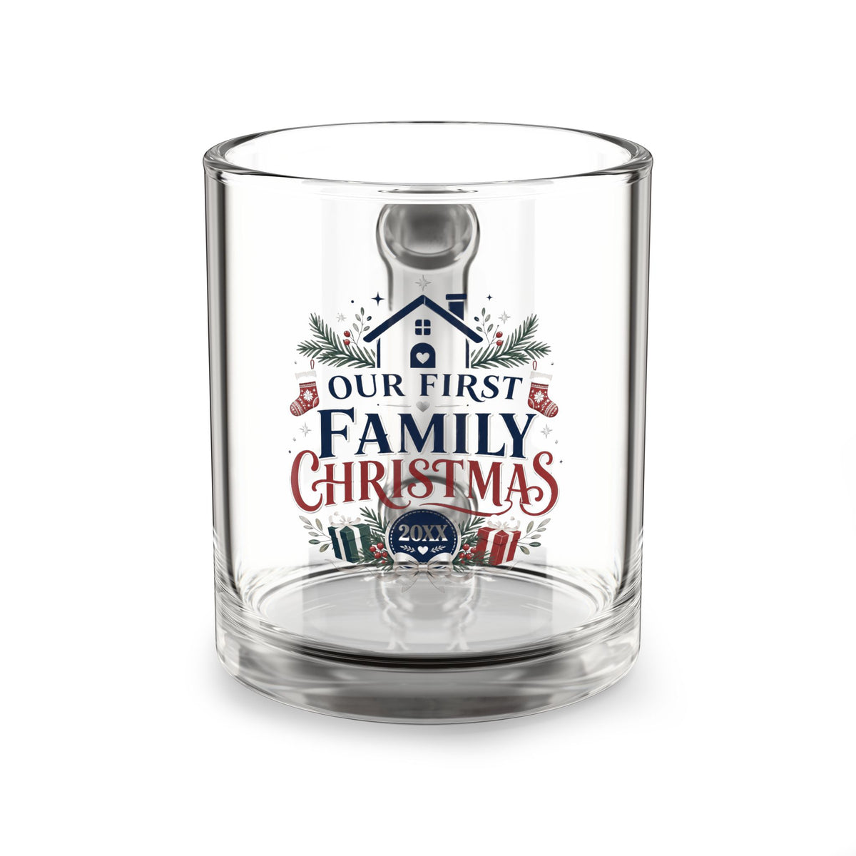 Christmas Glass Mug — "Our First Family Christmas" 10oz Keepsake Holiday Coffee Cup