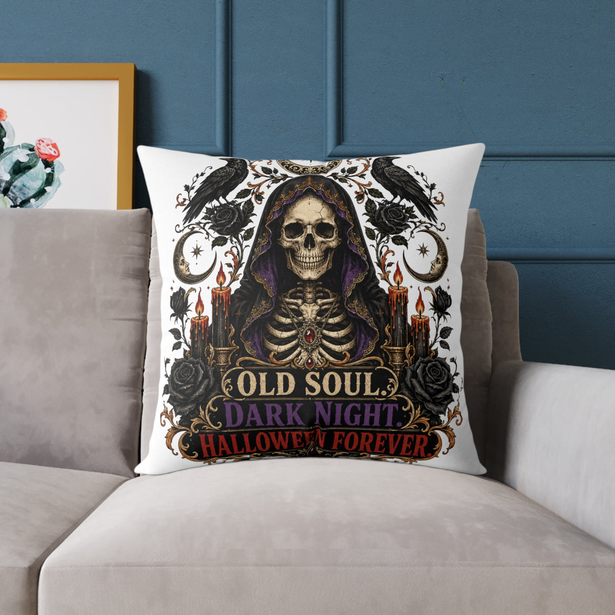 Halloween Skull Pillow — "Old Soul, Dark Night" Decorative Cushion