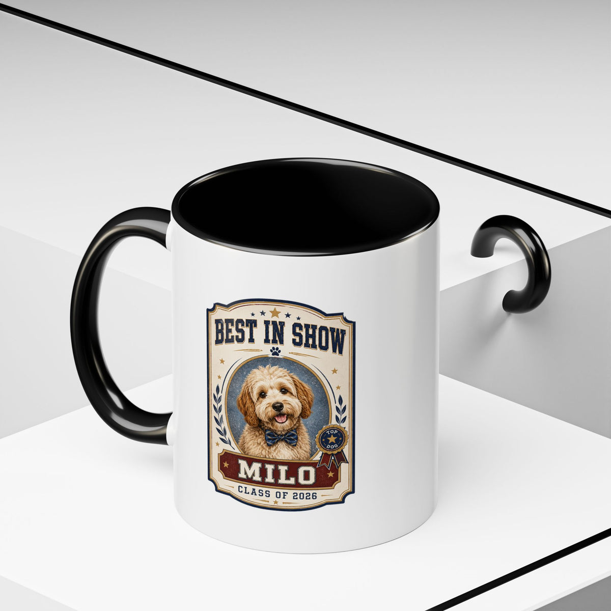 Milo Bailey Dog Dad Mom Best in Show Personalized Dog Mug — "Milo" Class of 2028 Accent Coffee Mug