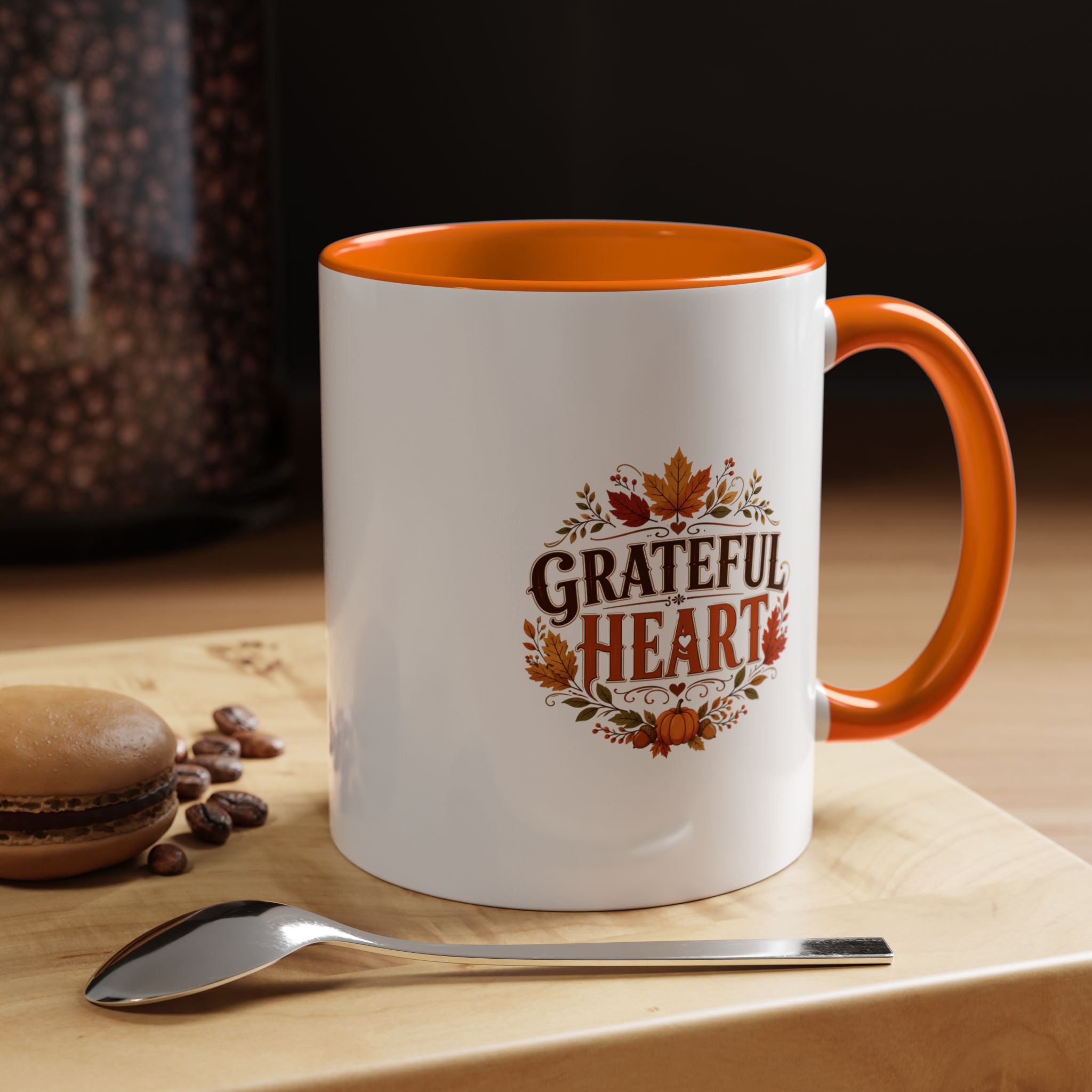 Thanksgiving Mug Grateful Heart Coffee Mug — Fall Leaves Pumpkin Accent Mug
