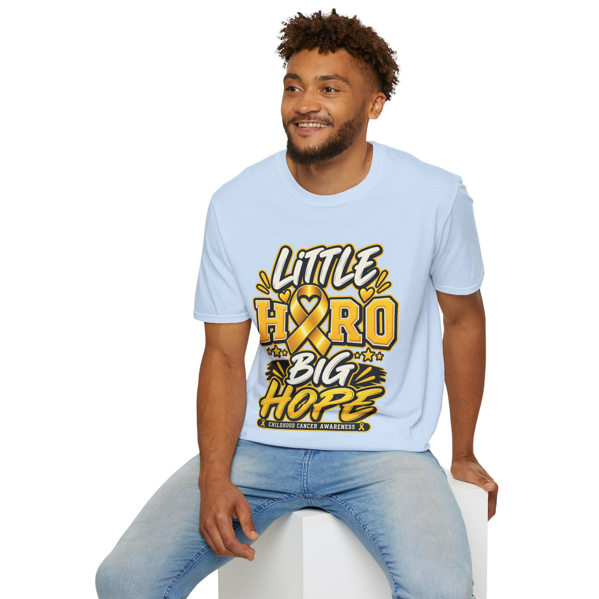 Kids Childhood Cancer Awareness T-Shirt — "Little Hero Big Hope" Gold Ribbon