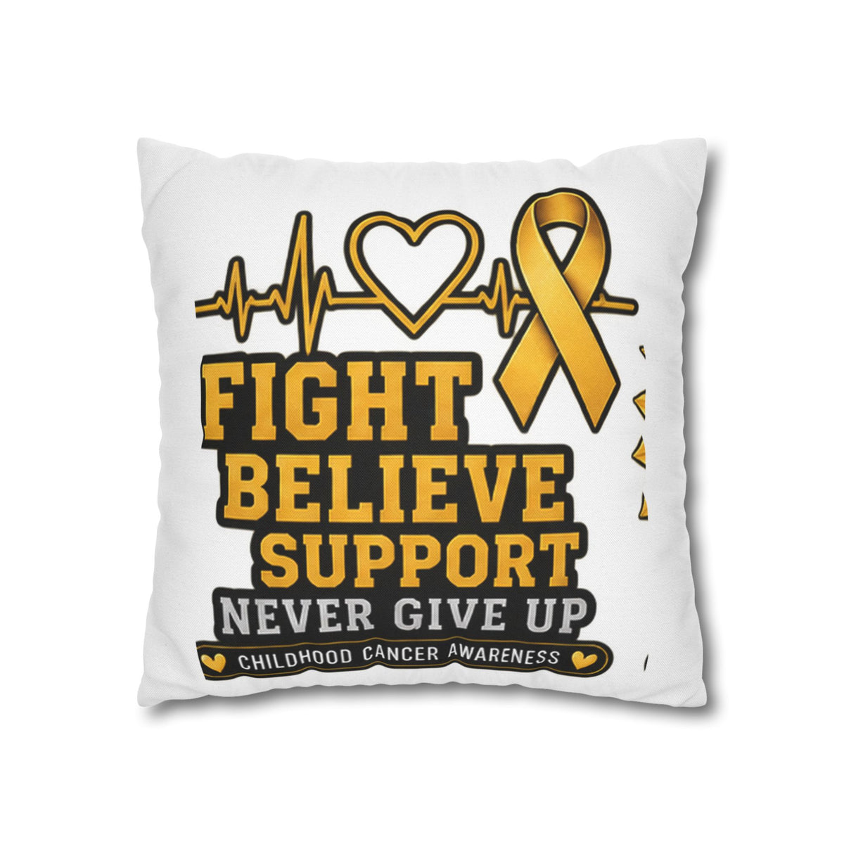Childhood Cancer Awareness Pillow — "Fight Believe Support Never Give Up" Gold Ribbon Decorative Throw Pillow