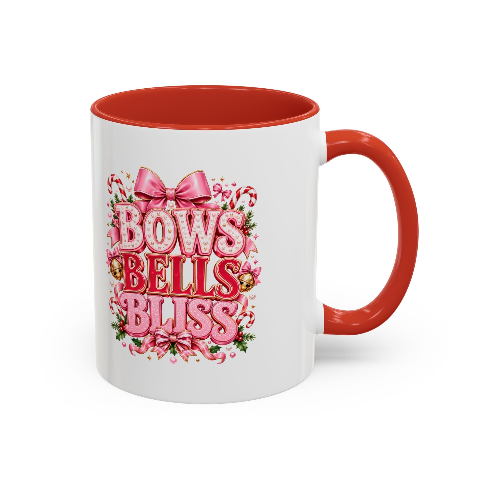 Modern Day Christmas Bows Bells Bliss Coffee Mug — Pink Holiday Accent Mug