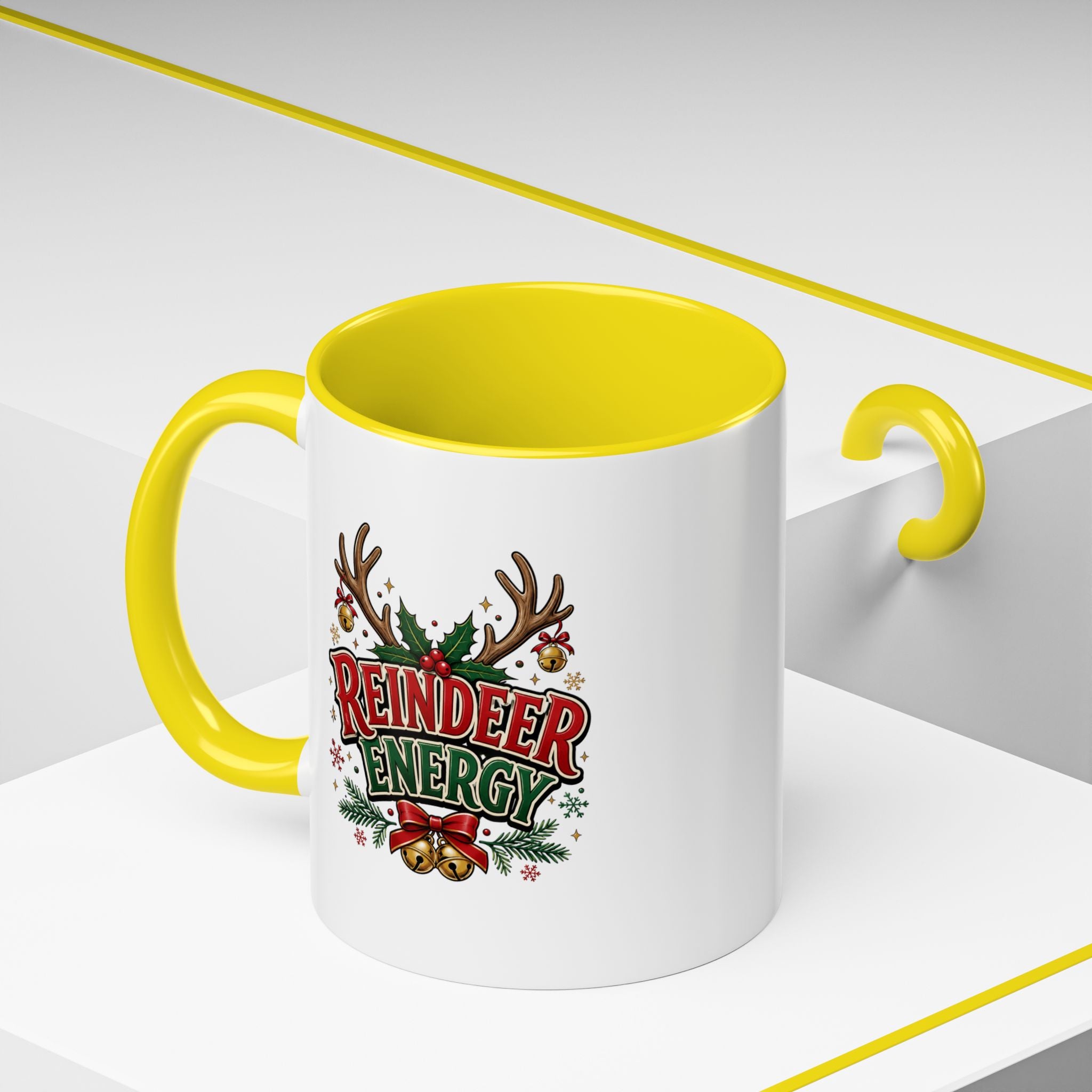 Reindeer Energy Coffee Mug – Holiday Christmas Antlers & Bells Accent Mug