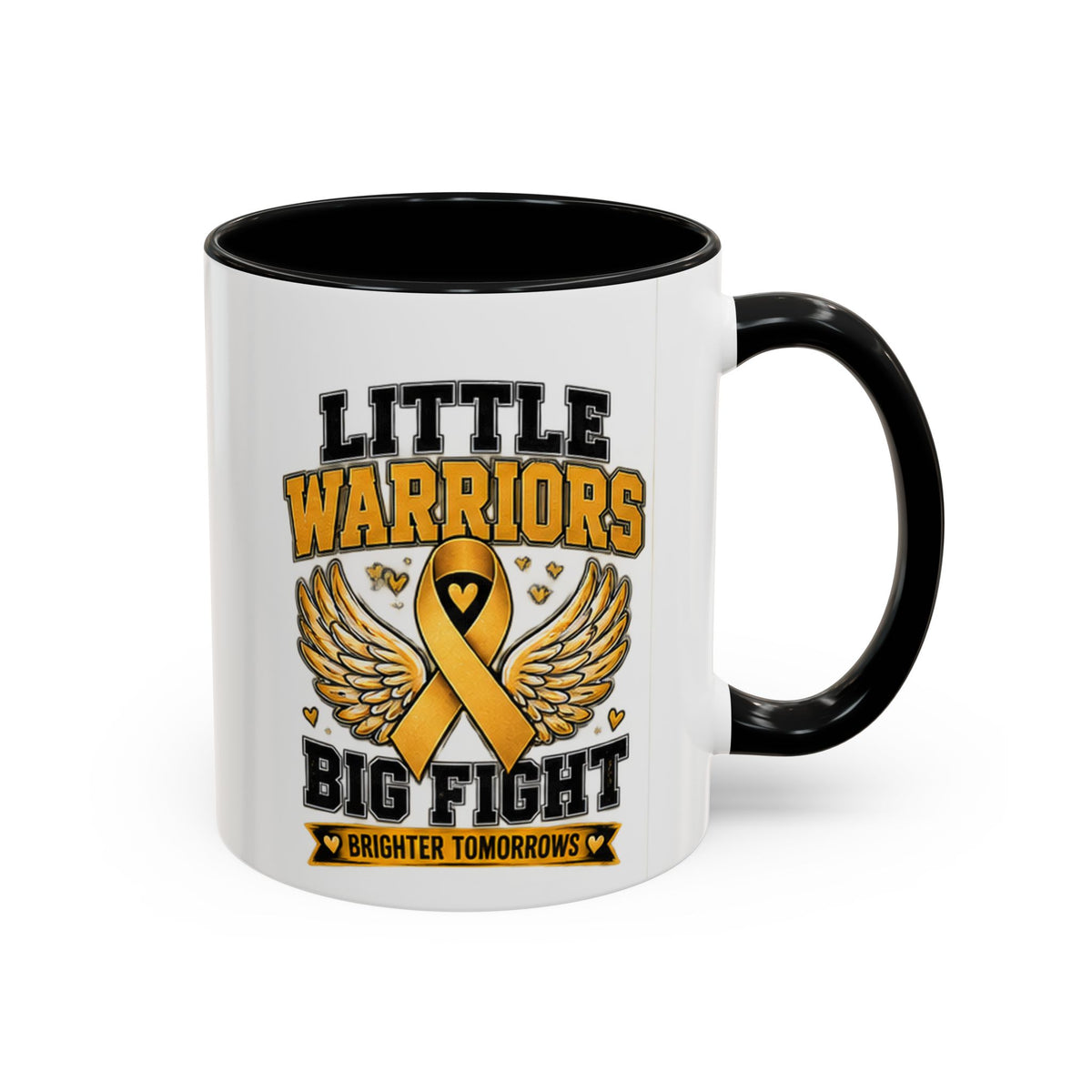 Little Warriors Big Fight Childhood Cancer Awareness Coffee Mug — Gold Ribbon Support Accent Mug