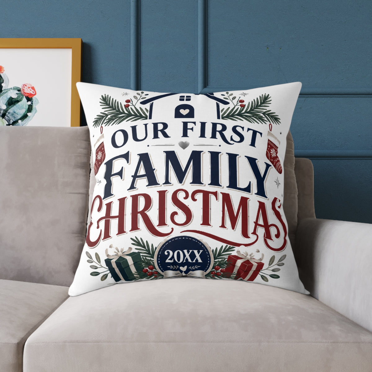Our First Family Christmas Pillow — Personalized Holiday Decorative Throw Cushion