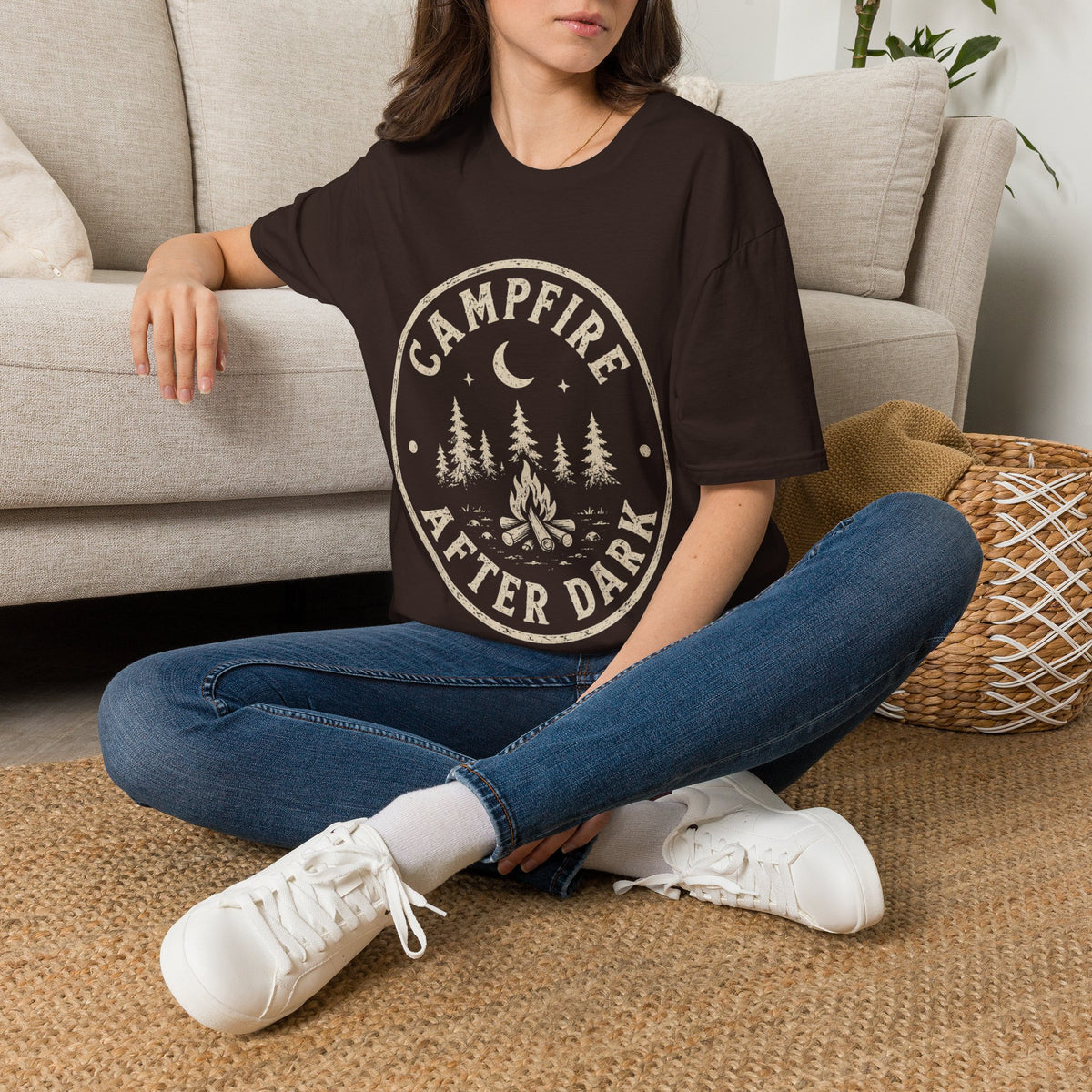 Campfire T-Shirt — 'Campfire After Dark' Vintage Moon & Trees Graphic