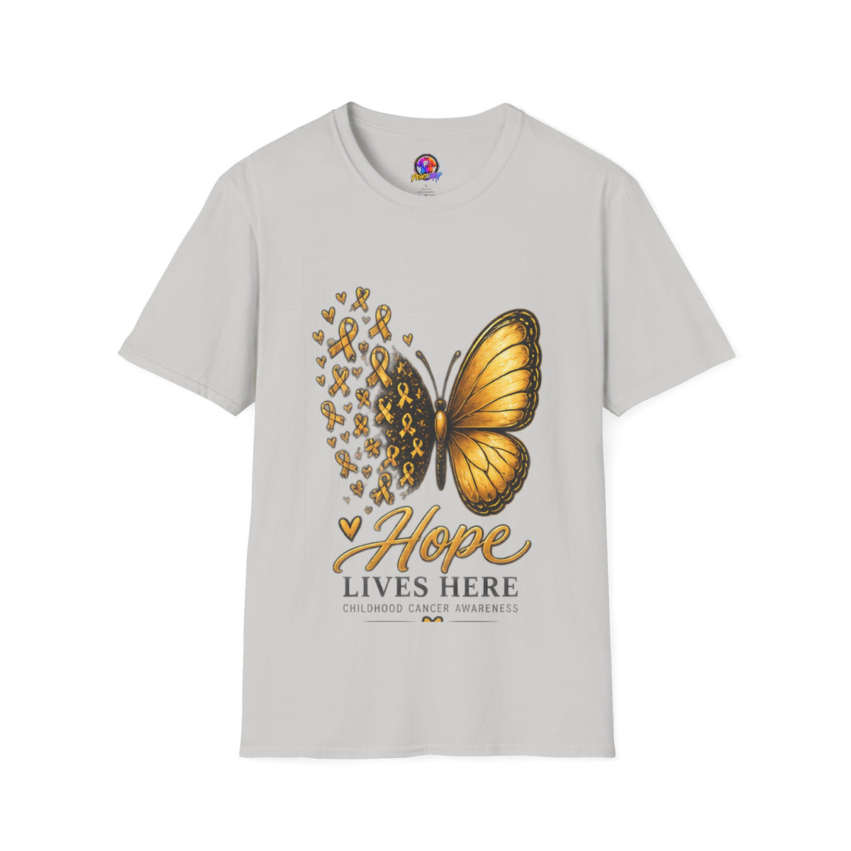Hope Lives Here Gold Ribbon Butterfly Childhood Cancer Awareness T-Shirt