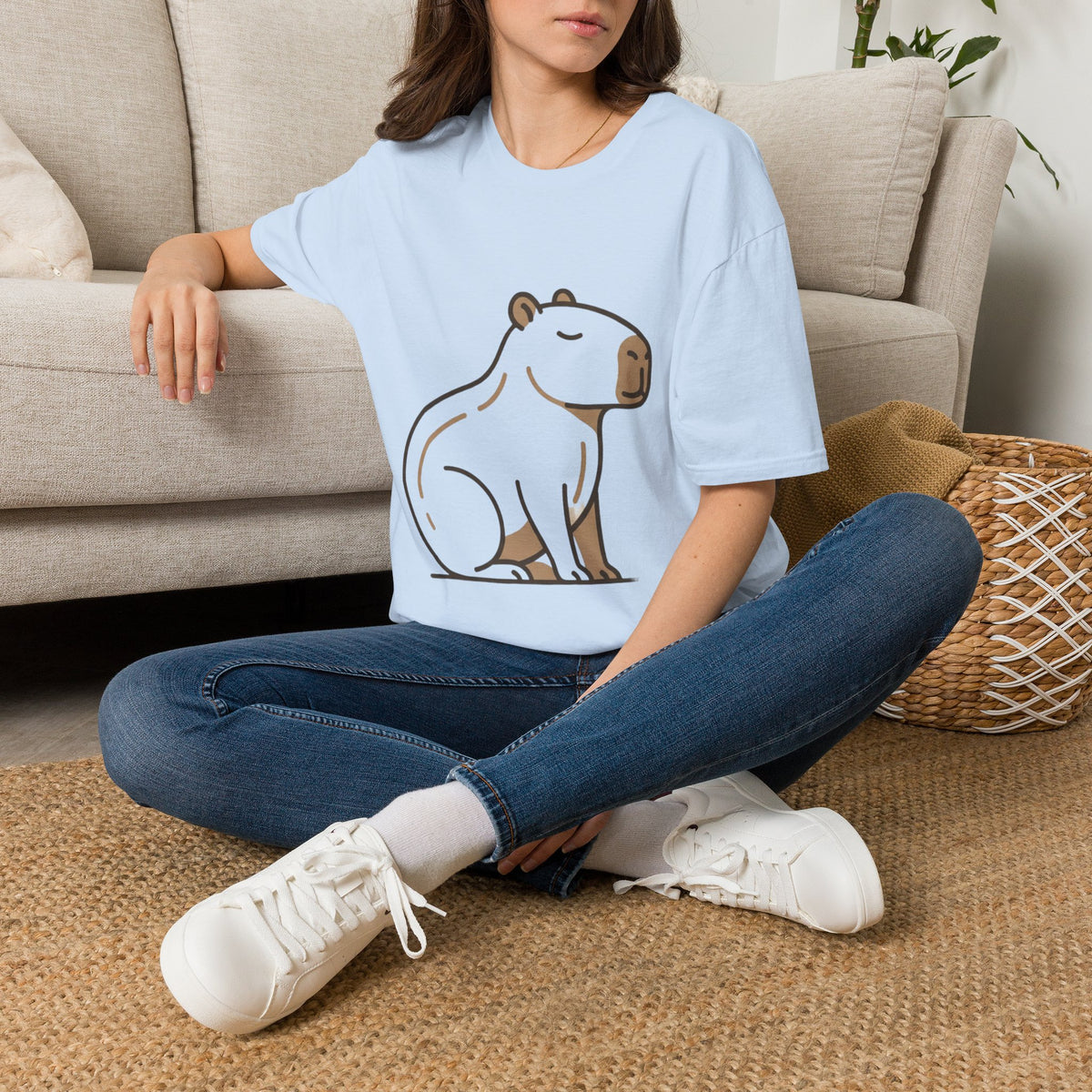 Cute Relaxed Capybara T-Shirt — Minimal Cartoon Capybara Graphic Tee