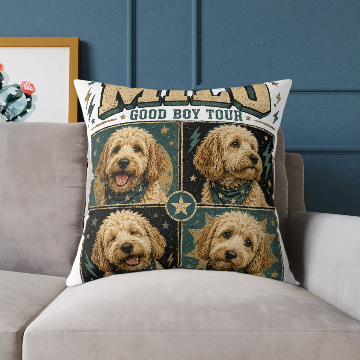 Milo "Good Boy Tour" Dog Photo Square Throw Pillow  Milo Bailey Dog Dad Mom