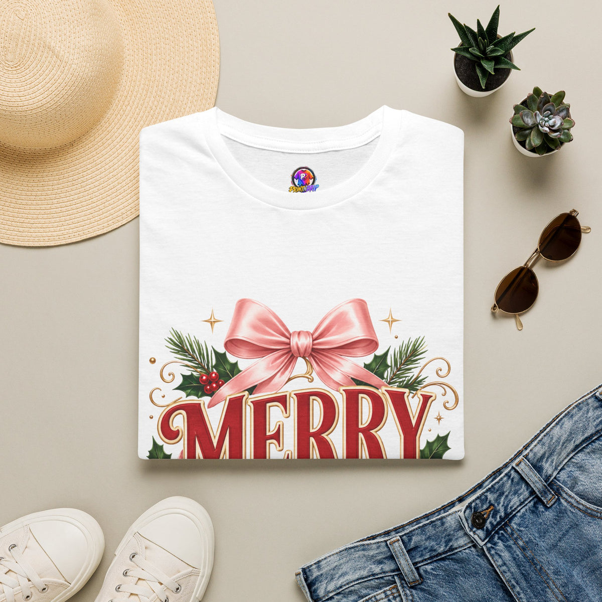 Merry Mama Christmas T-Shirt — Festive Bow & Holiday Greenery Tee
