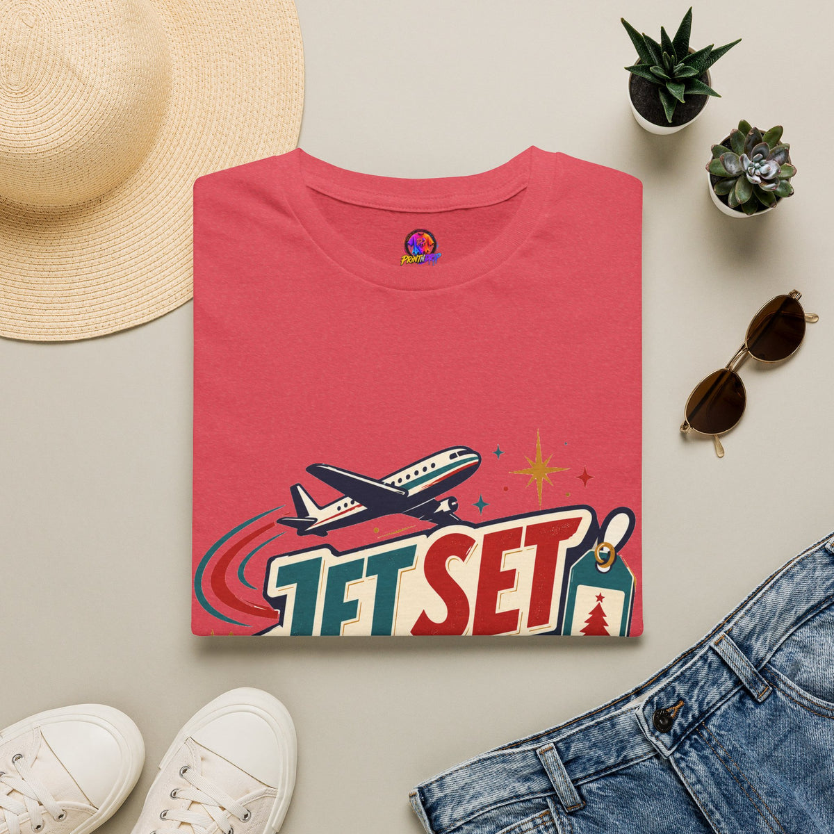 Jet Set Jingle Travel T-Shirt — Retro Airplane Vacation Graphic