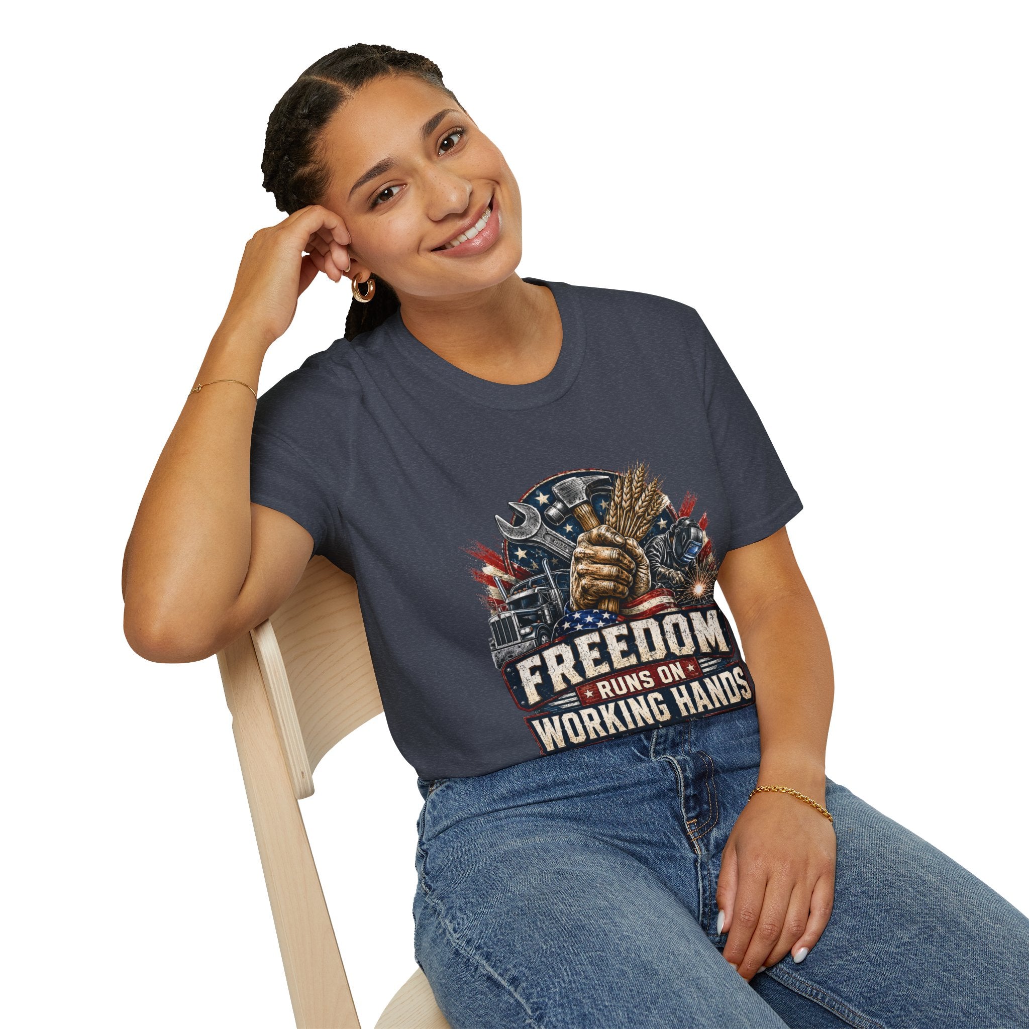 Freedom Runs on Working Hands T-Shirt — Patriotic Mechanic Tool & Wheat Design