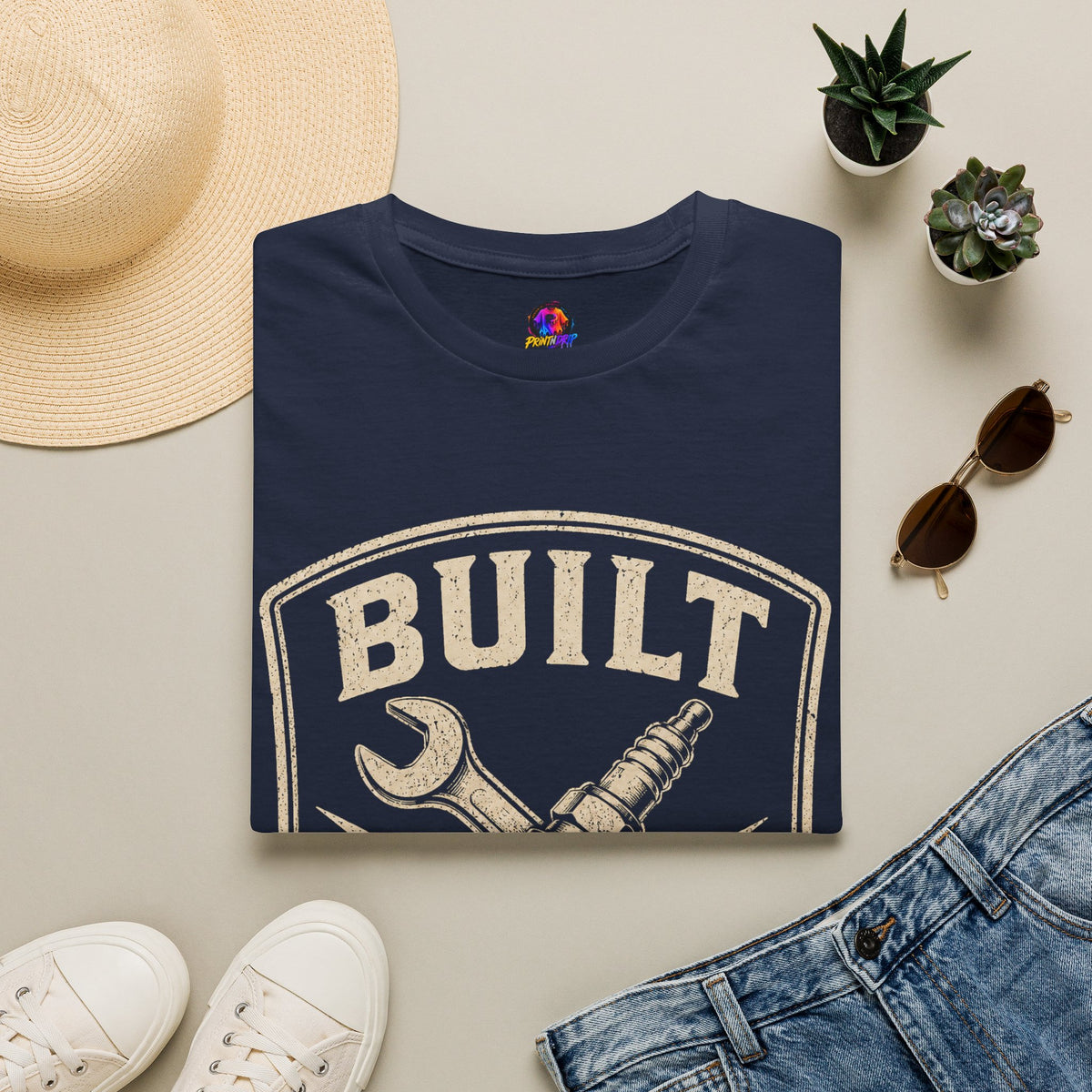 Built Not Bought T-Shirt — Vintage Mechanic Wrench & Spark Plug Design