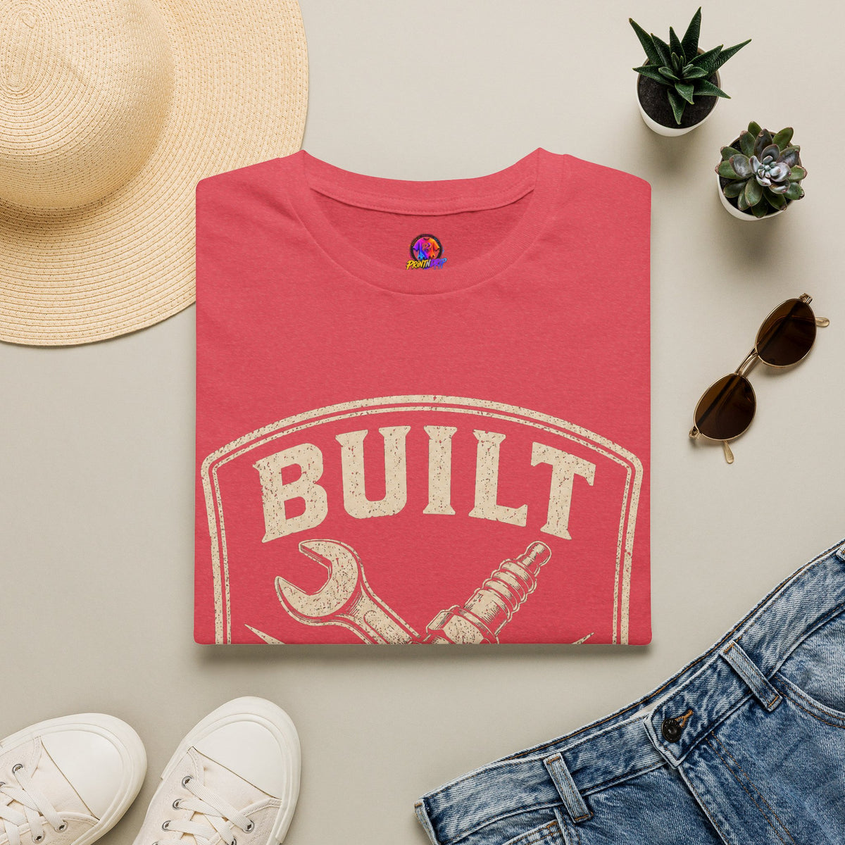 Built Not Bought T-Shirt — Vintage Mechanic Wrench & Spark Plug Design