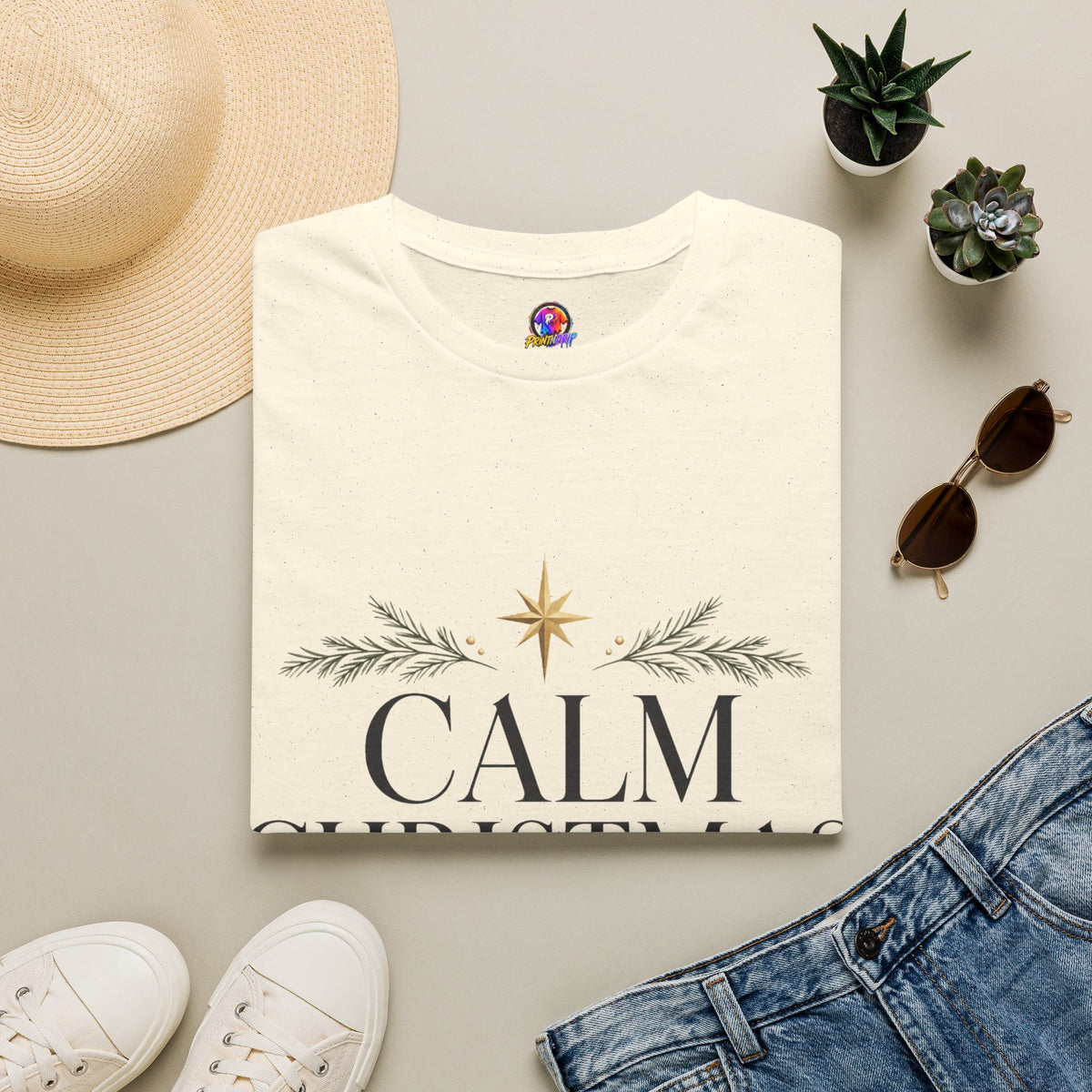Calm Christmas Club T-Shirt — Holiday Relaxed Tee with Star & Pine Design