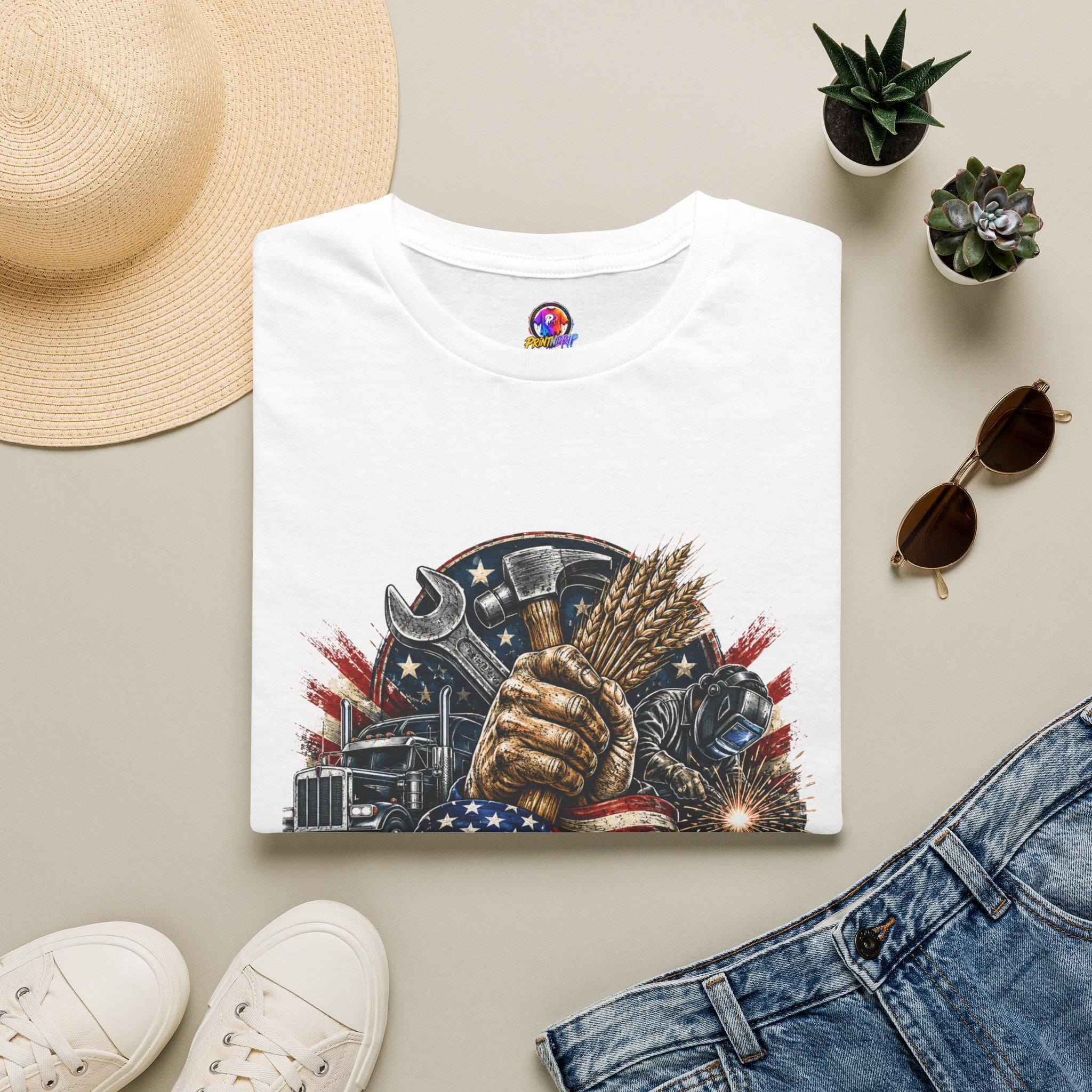 Freedom Runs on Working Hands T-Shirt — Patriotic Mechanic Tool & Wheat Design