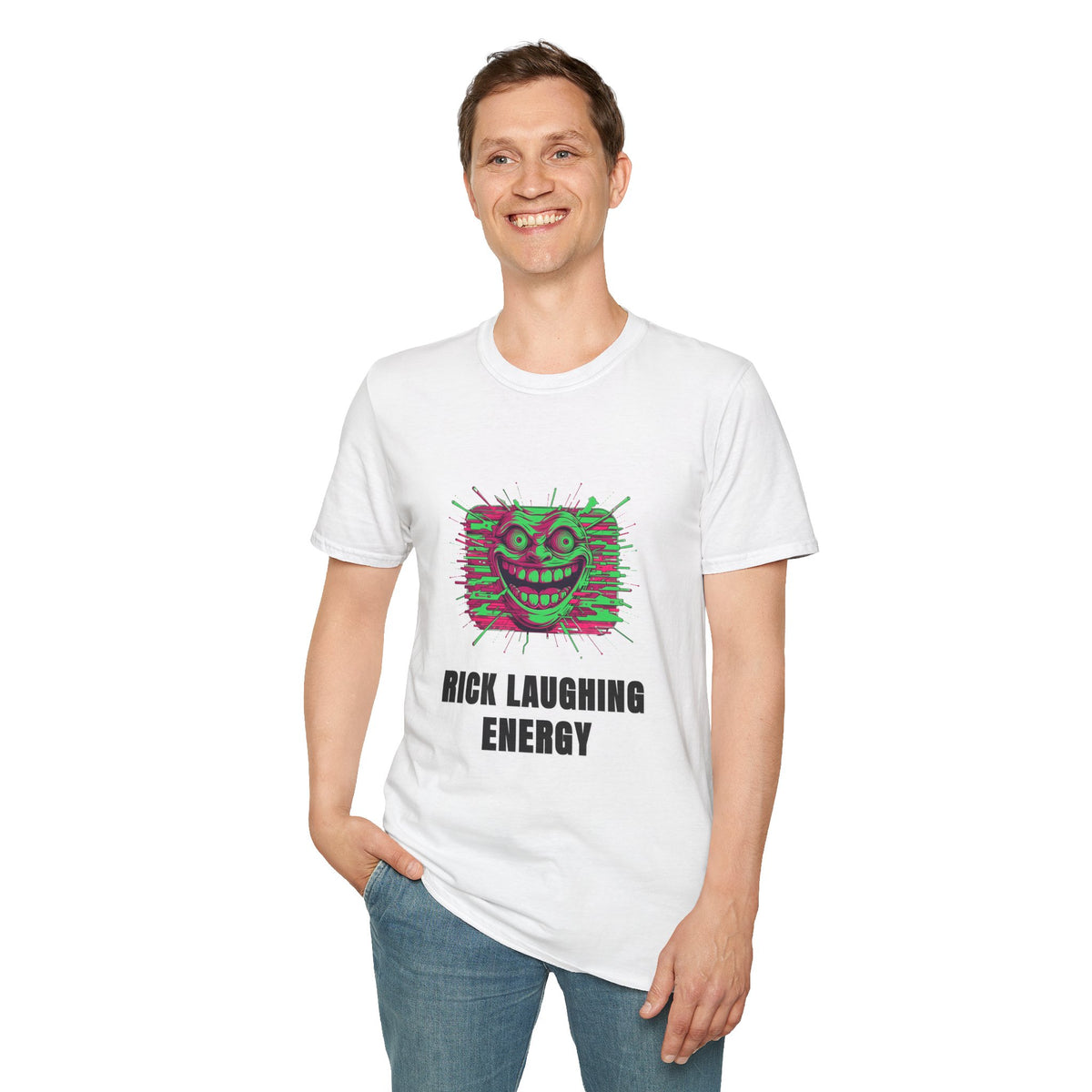 T-Shirt — 'Rick Laughing Energy' Neon Glitch Graphic - Trending Now - August 2026