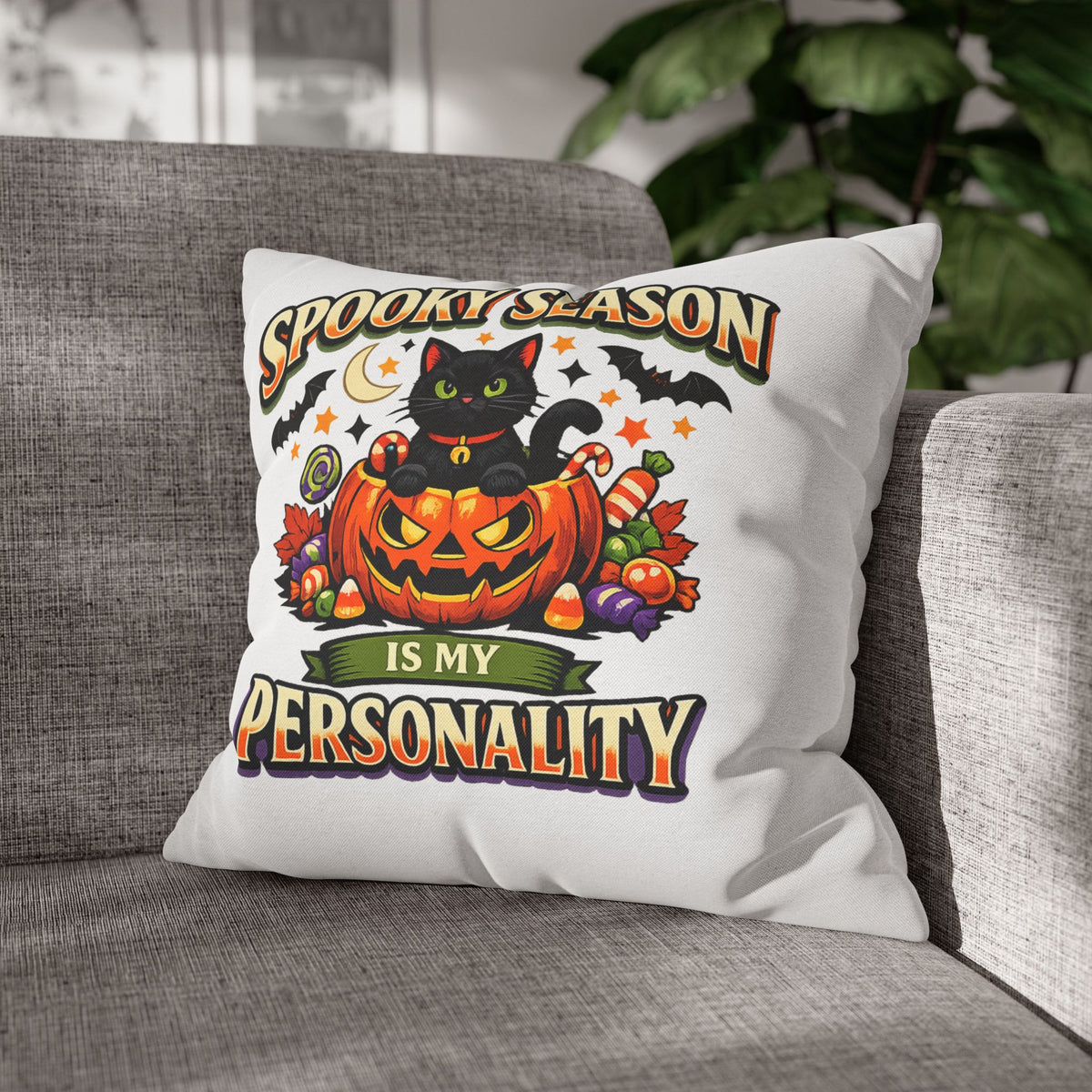 Halloween Pillowcase — "Spooky Season Is My Personality" Black Cat Pumpkin Decorative Pillow