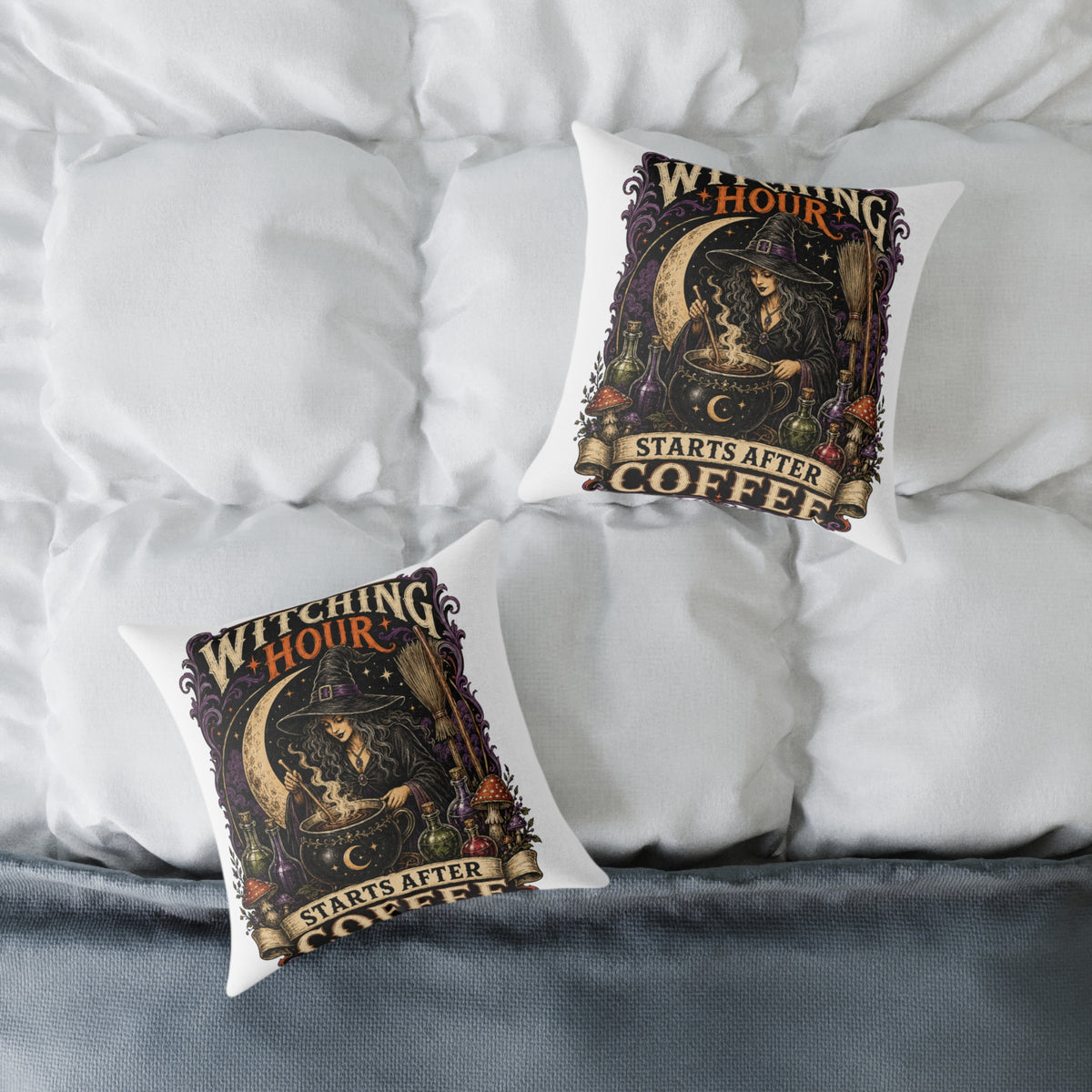 Halloween Witching Hour Pillow — 'Witching Hour Starts After Coffee' Gothic Witch Decorative Cushion
