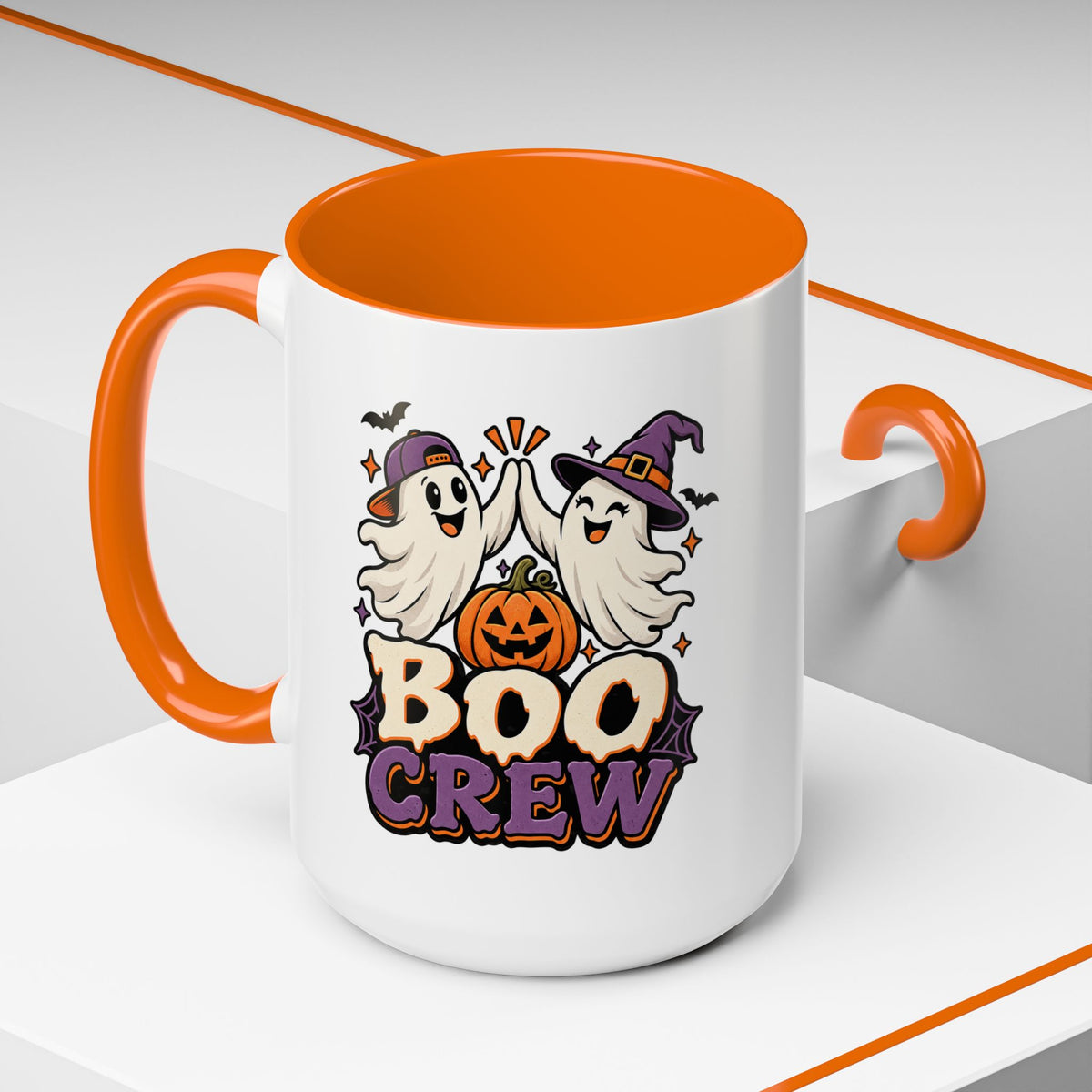 Boo Crew Halloween Accent Coffee Mug — Cute Ghosts & Jack-O'-Lantern Design (11/15 oz)
