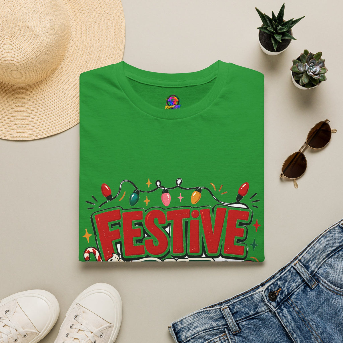 Festive But Tired T-Shirt — Holiday Christmas Crew Tee with Lights & Gingerbread
