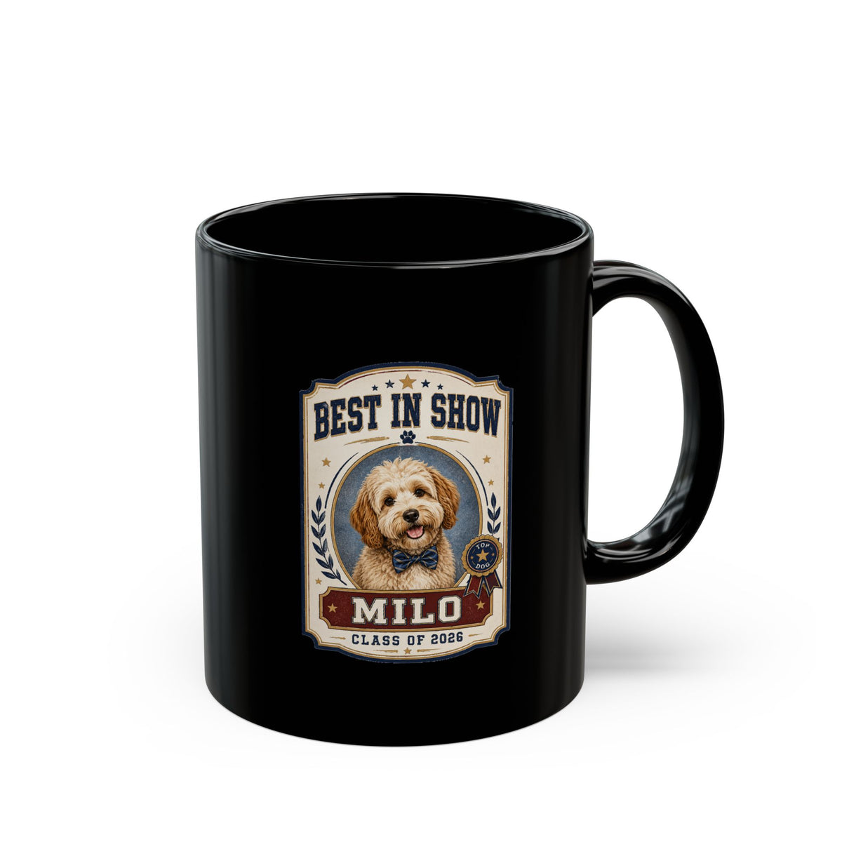 Milo Bailey Dog Dad Mom Best in Show Personalized Dog Mug — "Milo" Pet Photo Black Coffee Cup