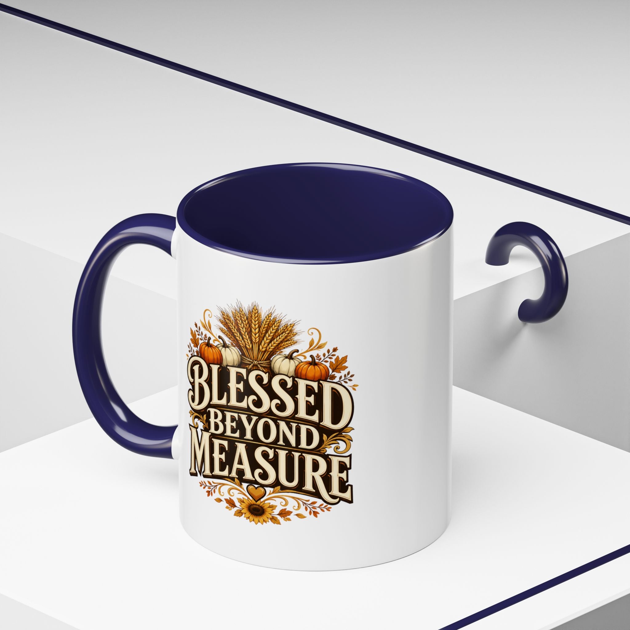 Thanksgiving Mug Blessed Beyond Measure Accent Coffee Mug — Fall Pumpkin & Wheat Autumn Faith Mug