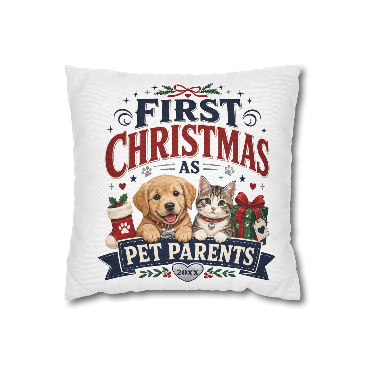 First Christmas as Pet Parents Pillowcase — Dog & Cat Holiday Throw Pillowcase
